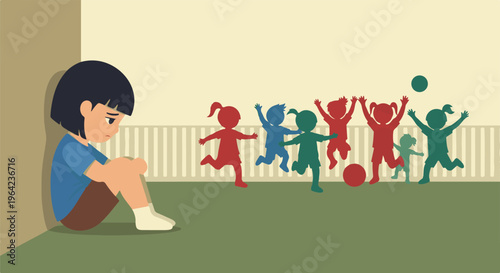 Lonely child sits in corner while others play