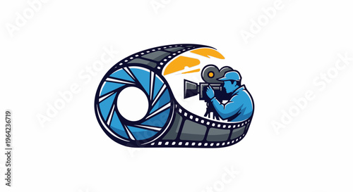 Blue figure with camera filming a film reel aperture