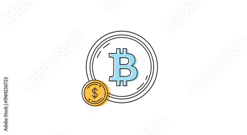 Digital currency and traditional finance concept featuring a large bitcoin coin and a smaller dollar coin illustration.