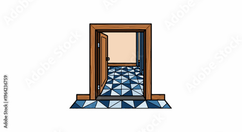 Open doorway revealing a tiled hallway with geometric patterns