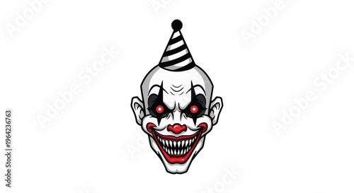 Spooky clown with red eyes and sharp teeth, wearing a striped party hat