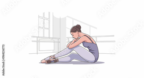 Ballerina resting in a studio, seated with head down, arms crossed