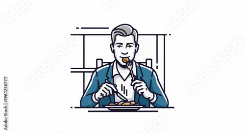 Man in suit eating at table, holding fork with food