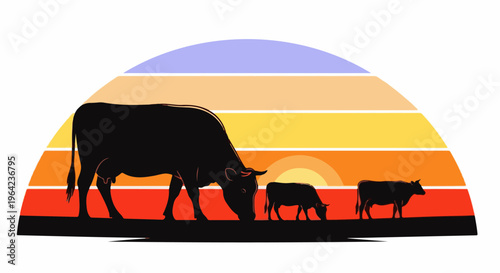 Silhouette of cattle grazing at sunset with colorful horizon stripes
