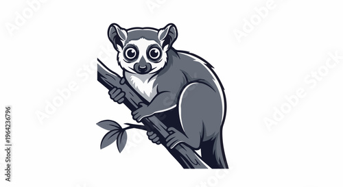 Adorable grey lemur with big eyes perched on a tree branch