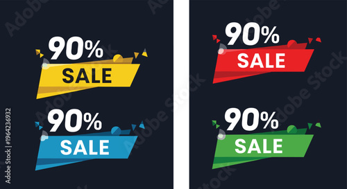Ninety percent sale promotion banners in yellow, red, blue, and green for retail discounts and special marketing offers.