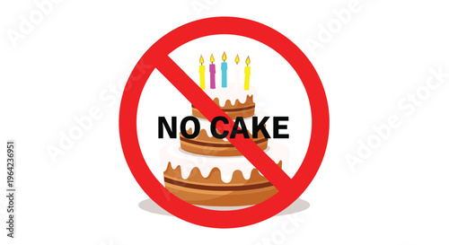 No cake allowed sign featuring a three-tier birthday cake with candles inside a red prohibition circle on a white background.