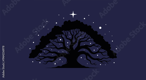 Silhouetted ancient tree with star and scattered lights against night sky