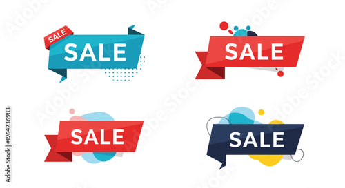 Set of four creative and colorful sale banners with abstract shapes for modern retail marketing and promotions.