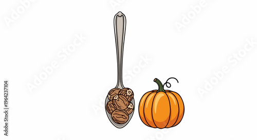 Spoonful of nutmeg next to a small pumpkin