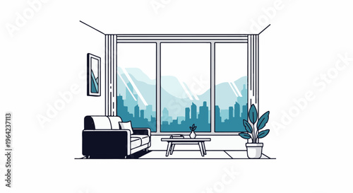 Minimalist living room with large window overlooking a city skyline