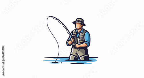 A stylized illustration of a fisherman casting a line into water