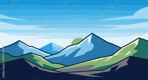 Stylized geometric mountain range with a soft green sun peeking over peaks