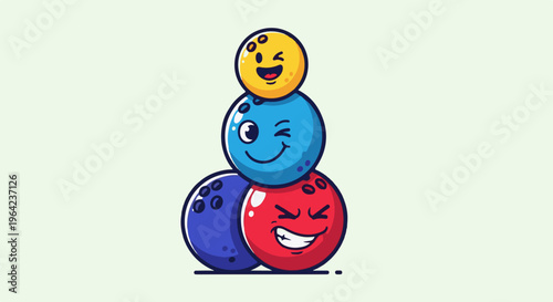 Stack of three cartoon bowling balls with happy faces, light background
