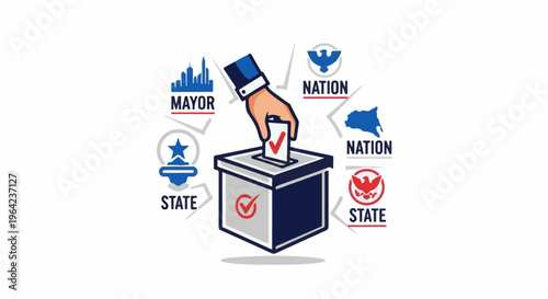 Hand casting vote into ballot box, surrounded by national and state symbols