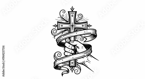 Hand holding a ornate cross with swirling ribbon and rays of light