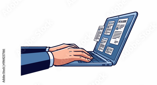 Hands typing on laptop displaying multiple resumes with profile pictures