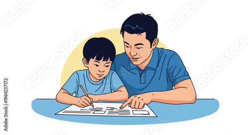 Father teaching son to write, pointing at paper, focused learning