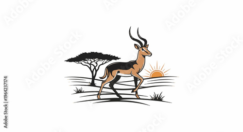 A stylized gazelle walks across an African savanna at sunrise