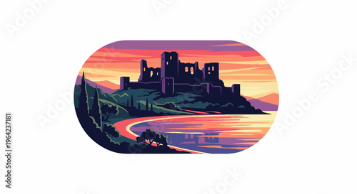 Ruined castle on hill above reflective water at sunset