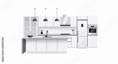 Modern minimalist white kitchen with island, appliances, and pendant lights