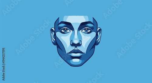 Stylized blue portrait of a person's face with striking eyes and defined features