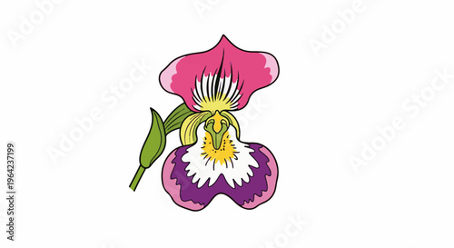 A stylized, colorful orchid with pink, yellow, purple, and green hues