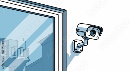 A security camera is mounted on a wall next to a building's large window