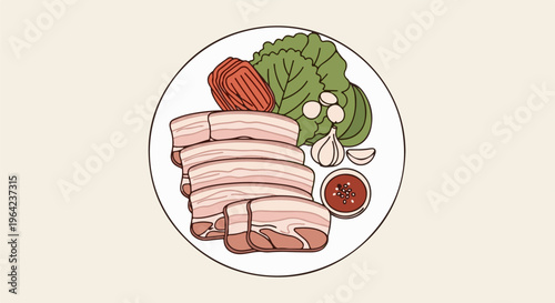 Sliced raw meat, lettuce, garlic, and dipping sauce on a plate