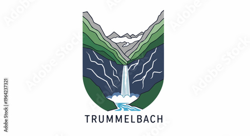 Stylized crest displays a dramatic waterfall cascading through green, layered mountains