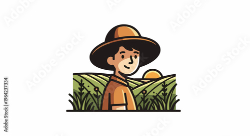 Person in a wide-brimmed hat stands in a sunlit field at sunrise