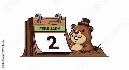 Cute cartoon groundhog peeking out of a hole near a calendar showing February 2