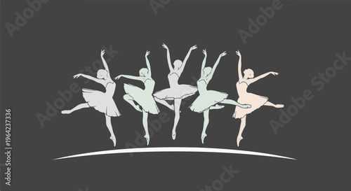 Six elegant ballerinas in pastel tutus gracefully pose on a dark stage