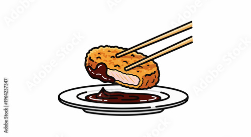 Crispy breaded food being dipped into dark sauce with chopsticks