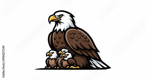Stylized eagle with three young birds nestled beneath