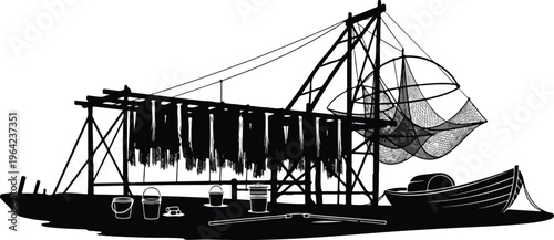 Black and White Silhouette of a Traditional Fishing Platform with Drying Nets and Moored Rowboat