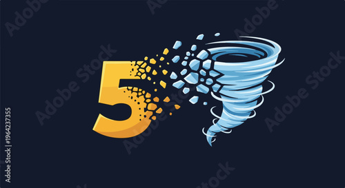 Number 5 dissolving into a swirling vortex of blue and white