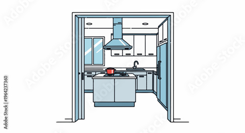 Modern kitchen interior with island, stove, sink, window, and cabinets
