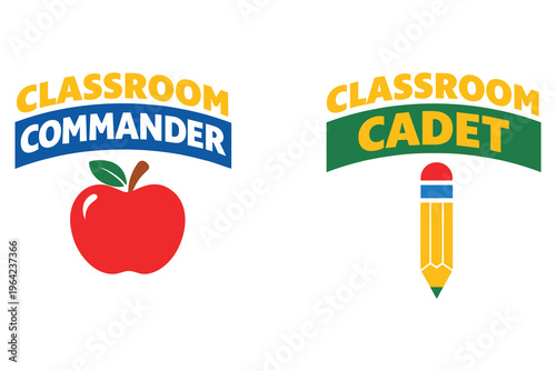 Classroom commander and cadet vector badge set with an apple and a pencil icon.
