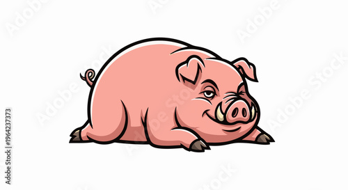 A plump, pink cartoon pig reclines with a mischievous grin