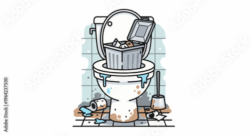 Overflowing toilet with trash can and debris on the floor