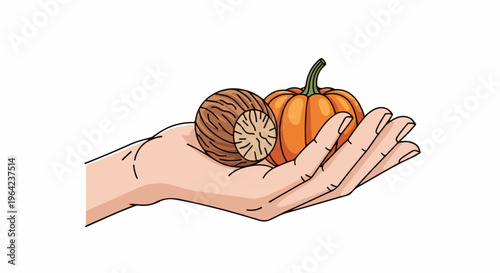 A hand holds a small pumpkin and a round spice