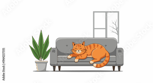 Orange cat naps comfortably on a gray sofa next to a potted plant