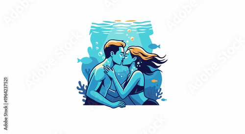 Couple kissing underwater surrounded by aquatic life and coral reefs