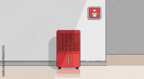 Red dehumidifier in minimalist room with wall sign