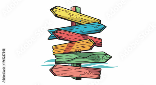 Colorful wooden directional signs point in various directions