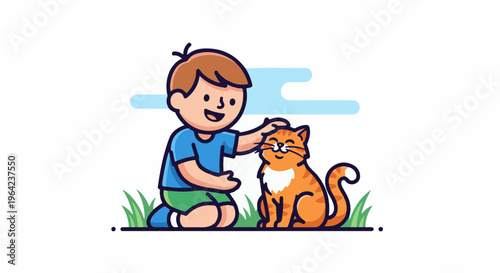 A happy child pets a cheerful orange cat sitting in green grass