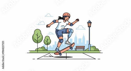 Person with prosthetic leg skateboarding in urban park