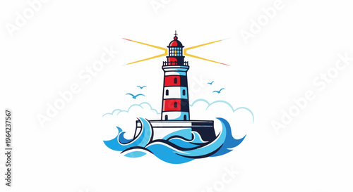 Stylized lighthouse in red and white stripes, emitting light, surrounded by clouds and waves