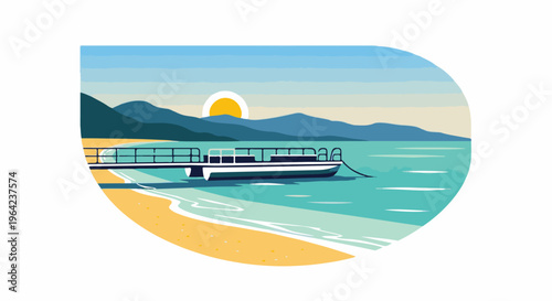 A flat boat is docked by a pier on a tranquil, sun-drenched bay